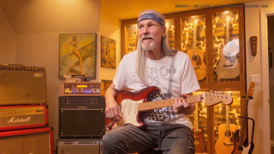 Ending H, the chosen one: Steve laughing as he looks around at his guitars.