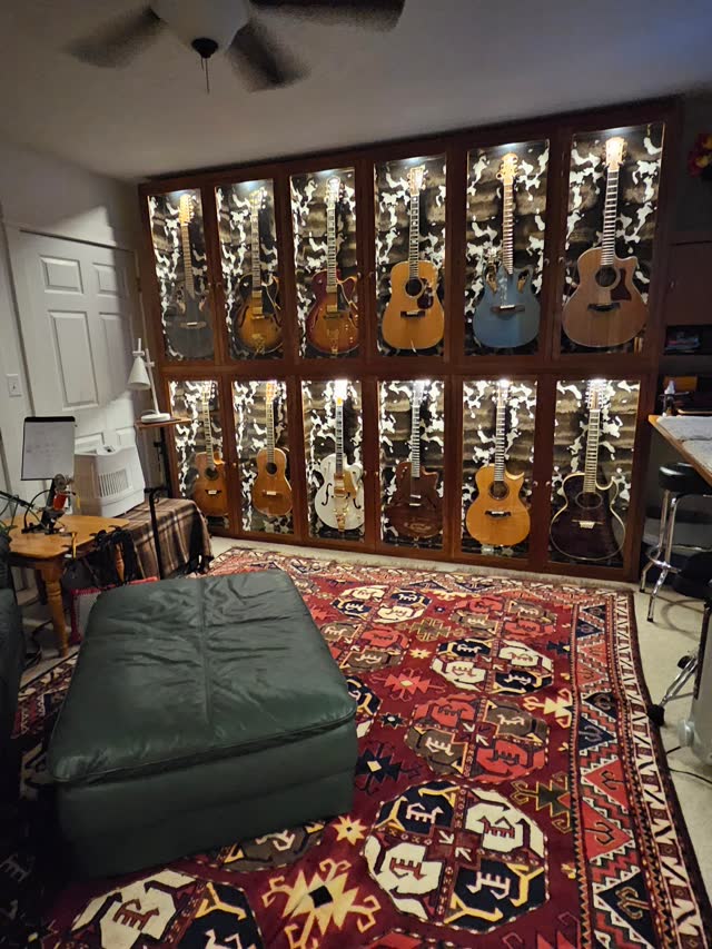 Glass guitar cabinets lit from inside, over a red Persian rug.