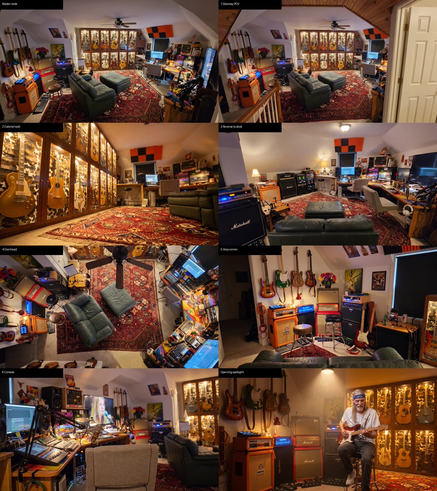 Contact sheet of eight AI reference frames of Steve's attic studio from different angles.